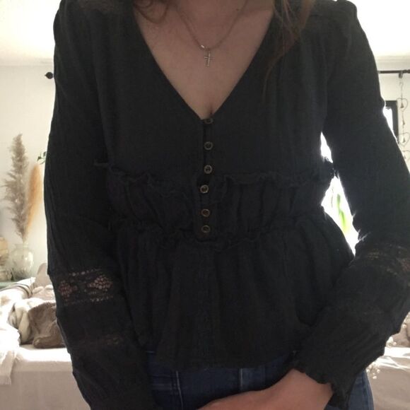 Cropped Lacey American Eagle Peasant Top With Romantic Details Hunter Green xs - Picture 6 of 6